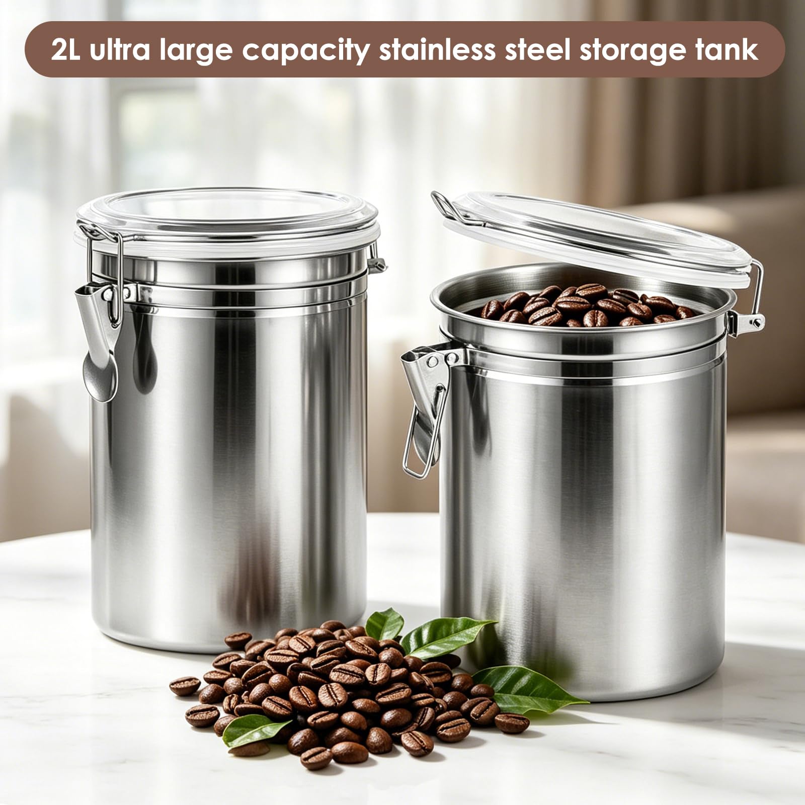 2 contenitori per chicchi di caffè con coperchio, 2 l, in acciaio inox, per la protezione dell'aroma del caffè, per chicchi di caffè, farina, tè o zucchero