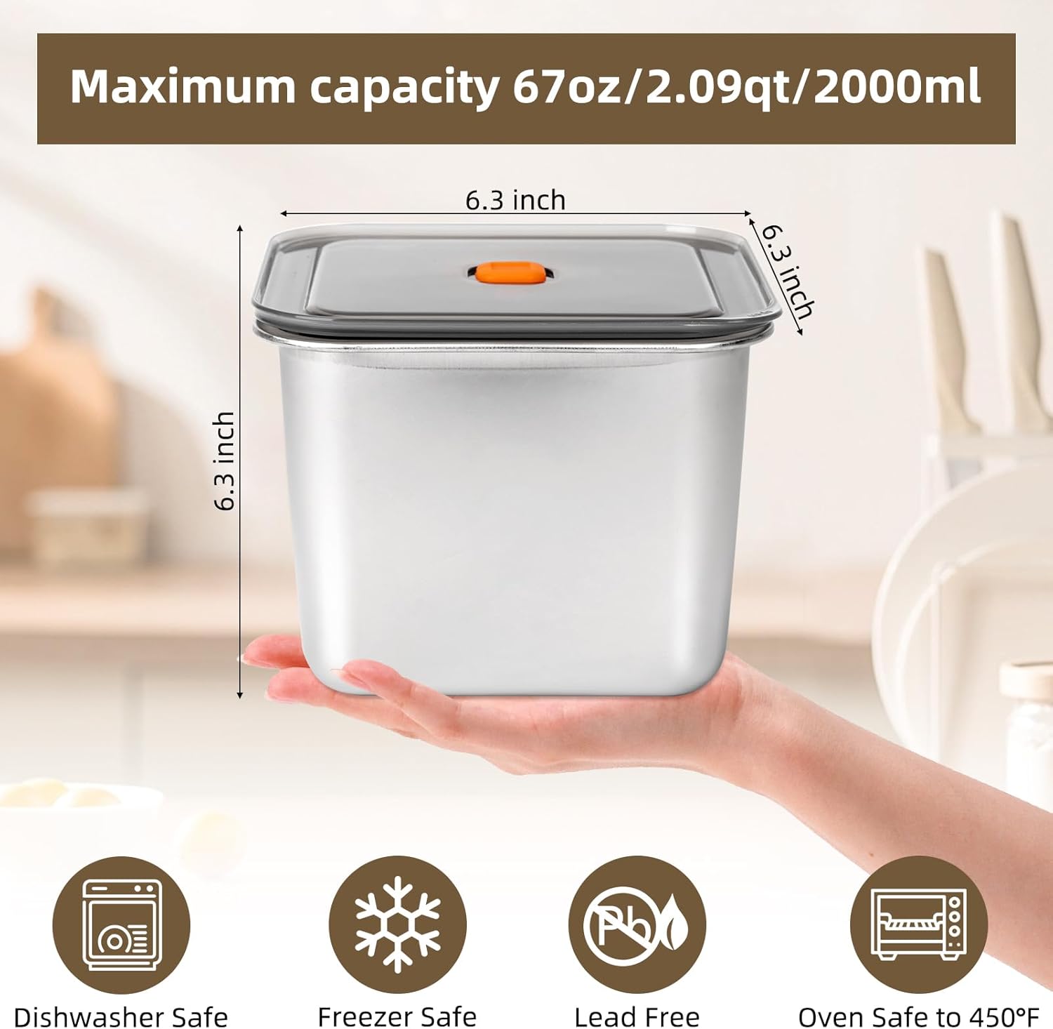 2 PCS Stainless Steel Food Storage Containers(67oz) with Lids Leak Proof & Airtight | Square Stainless steel freezer Containers,For Meal Prep,Fruit,Snack,Freezer - Image 2