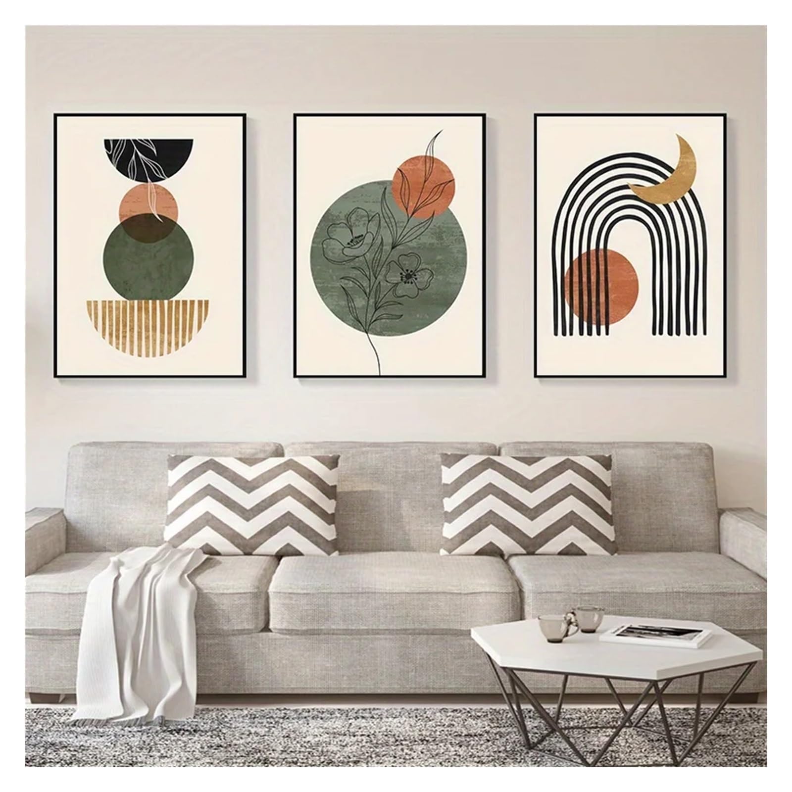 Graiting 3pcs Abstract Geometric Black And Orange Wall Art Medieval Botanical Canvas Painting Living Room Home Decor(50x70cm)