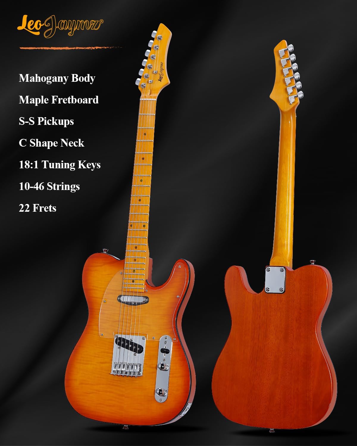 Leo Jaymz TL Style Electric Guitar with Flame Maple Top - High Gloss Mahogany Body and Hard Maple Neck - High Transparent Acrylic Pickguard (Transparent Honey Burst)