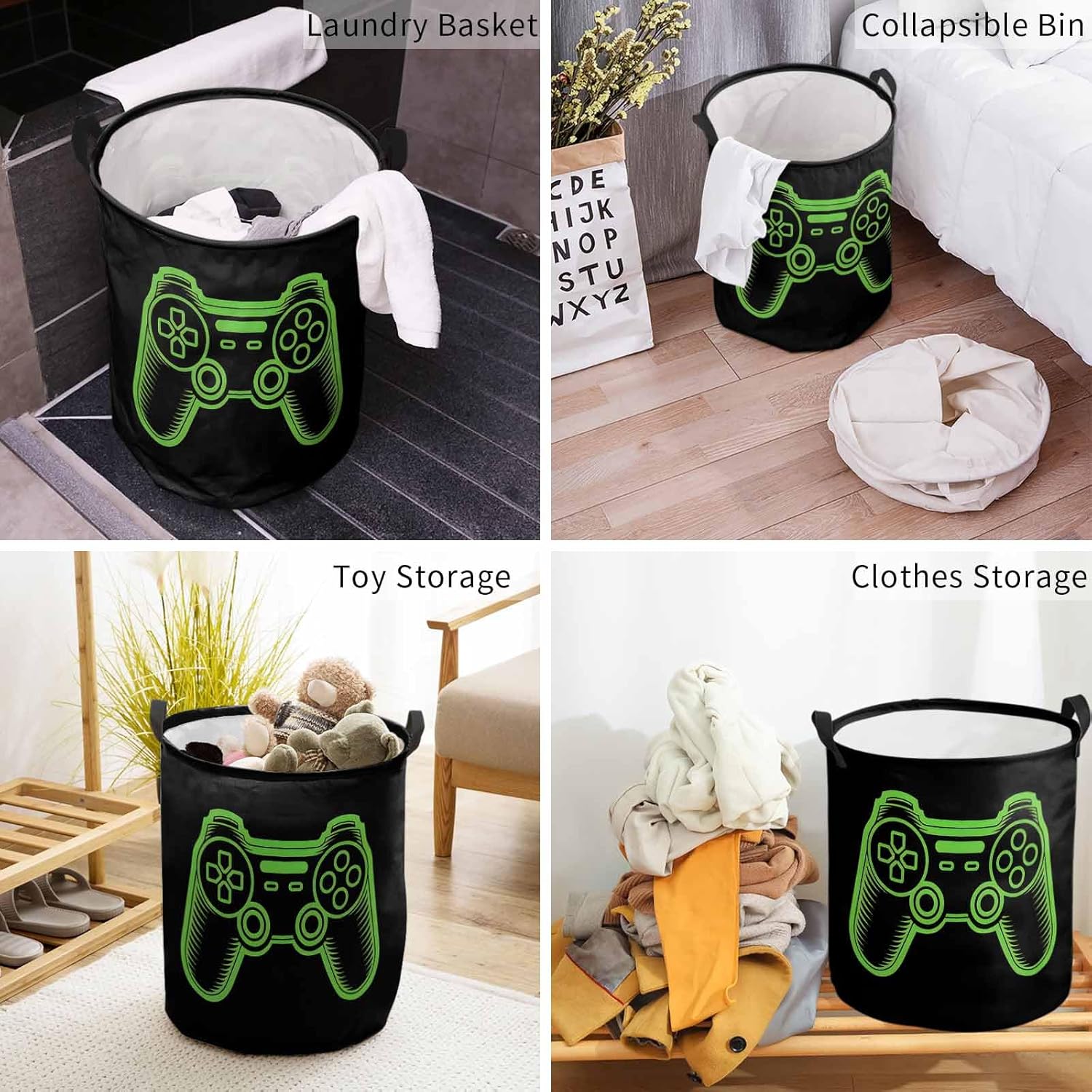 Collapsible Laundry Basket 60L, Green Game Controller Storage Bin Laundry Hamper with Handles, Modern Art Gaming Handheld Black Waterproof Clothes Baskets for Bedroom/Kitchen 16.5 x 17 In