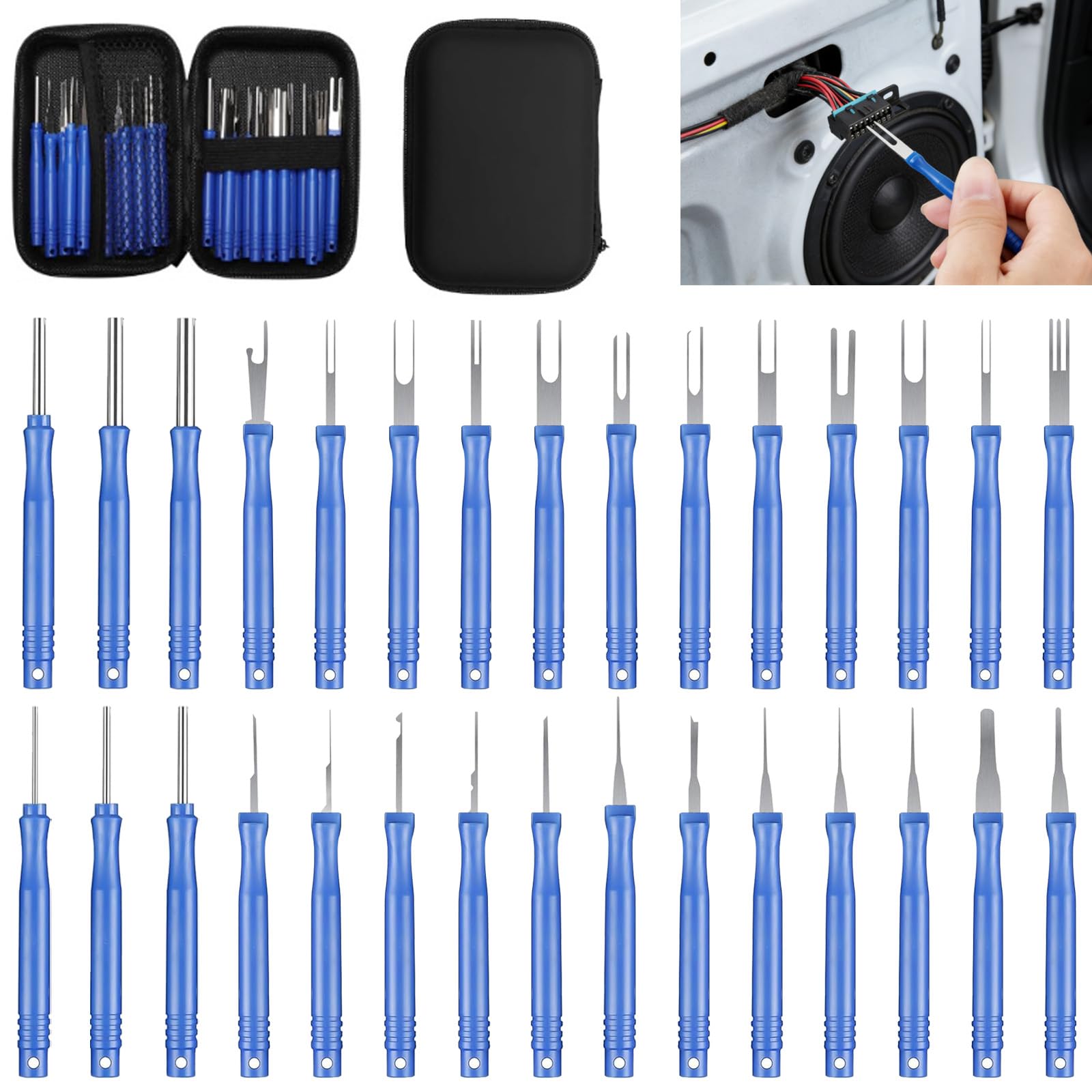 GIONAR 30 Pcs Terminal Removal Tool, Car Pin Extractor Tool Set, with 11 Single & 11 Double Pin Pullers, 1 Triple Needle & 1 Crochet Hook Puller, 6 Housing Tools, for Most Connector Terminal(Blue）