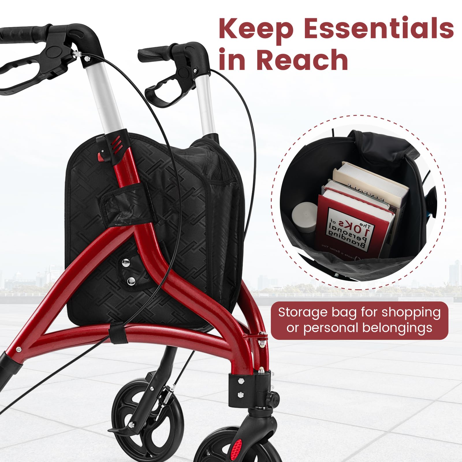 HOMASIS Andador Plegable Ligero de 3 Ruedas, Altura Ajustable, Andador de Aluminio con Bolsa de Almacenamiento para Ancianos, para Todo Tipo de Terreno (Rojo)