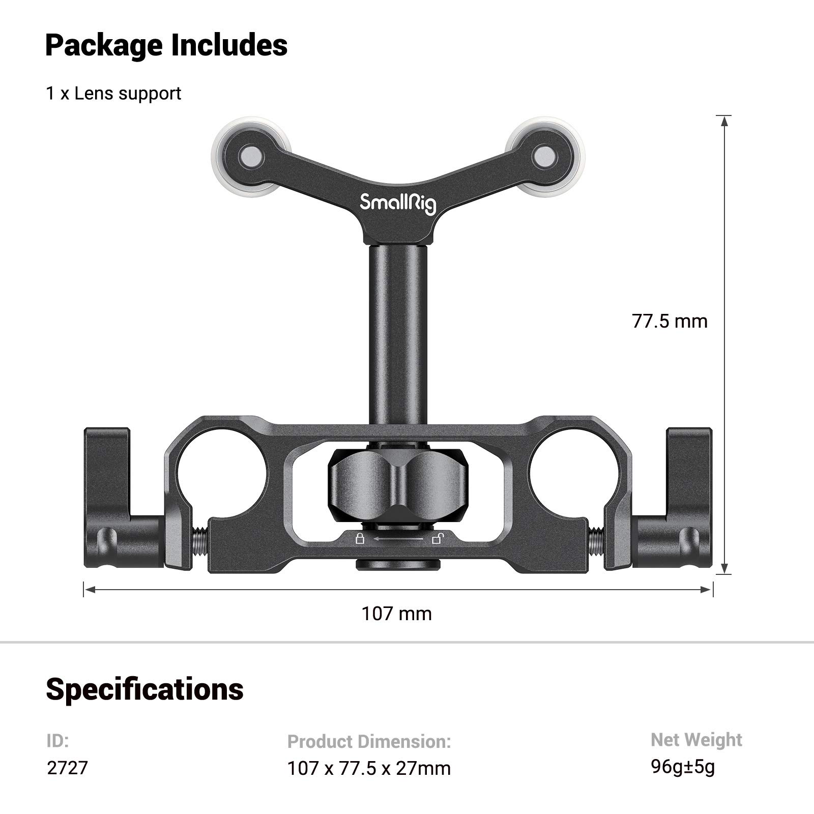 SMALLRIG Lens Support Support d'Objectif Compatible avec Objectif de Diamètre 73 mm à 108 mm - 2727
