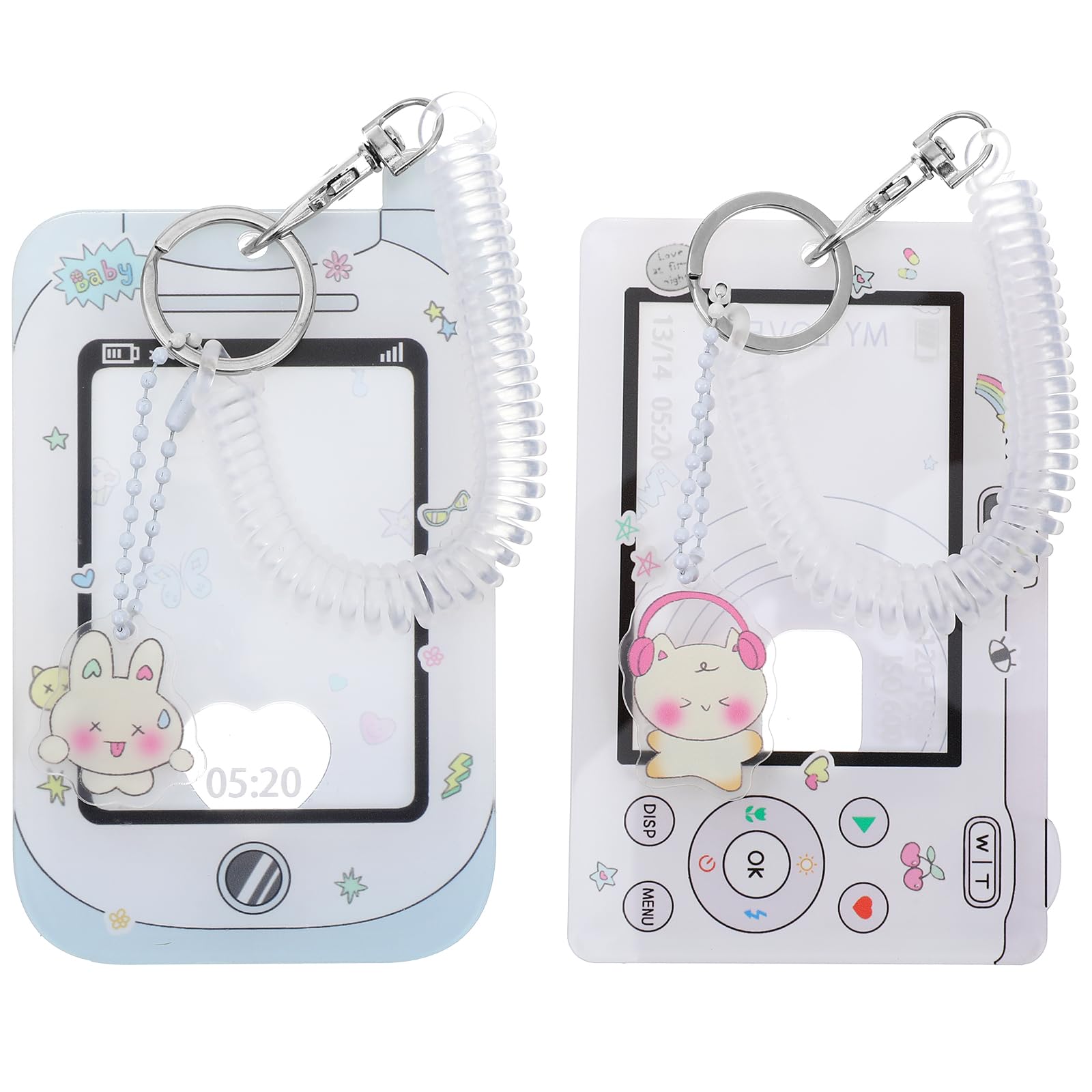 Classicseali 2 Pcs Photocard Holder Keychain, Cute Photo Card Holder with Spiral Wrist Coil, Photo Keychains for Bus Card Credit ID Bank Cards Pendant, Blue & Pink