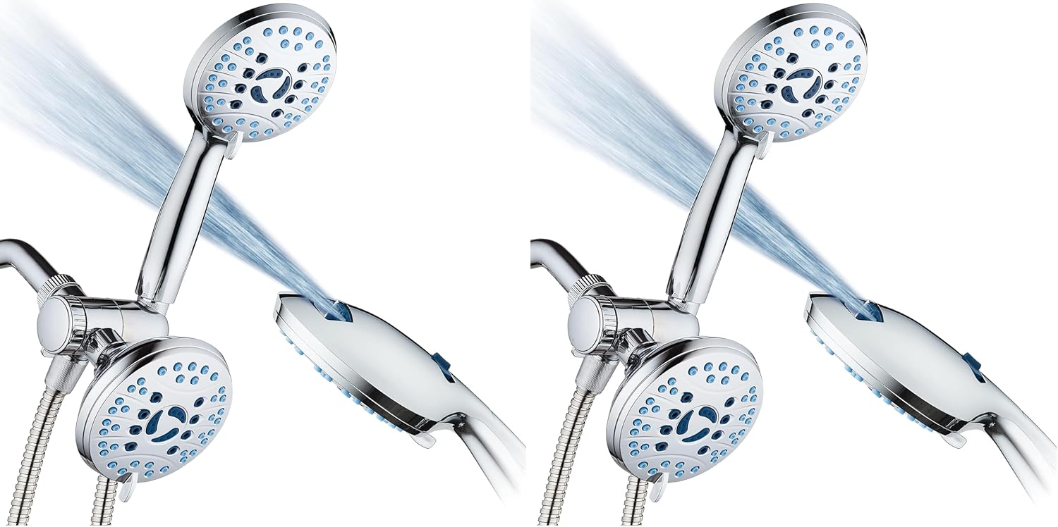 Hotel Spa AquaCare As-Seen-On-TV High Pressure 48-setting Rain & Handheld 3-way Shower Head Combo - Anti-clog Nozzles/Tub, Tile & Pet Power Wash/Extra Long 6 ft. Hose/All Chrome Finish (Pack of 2)
