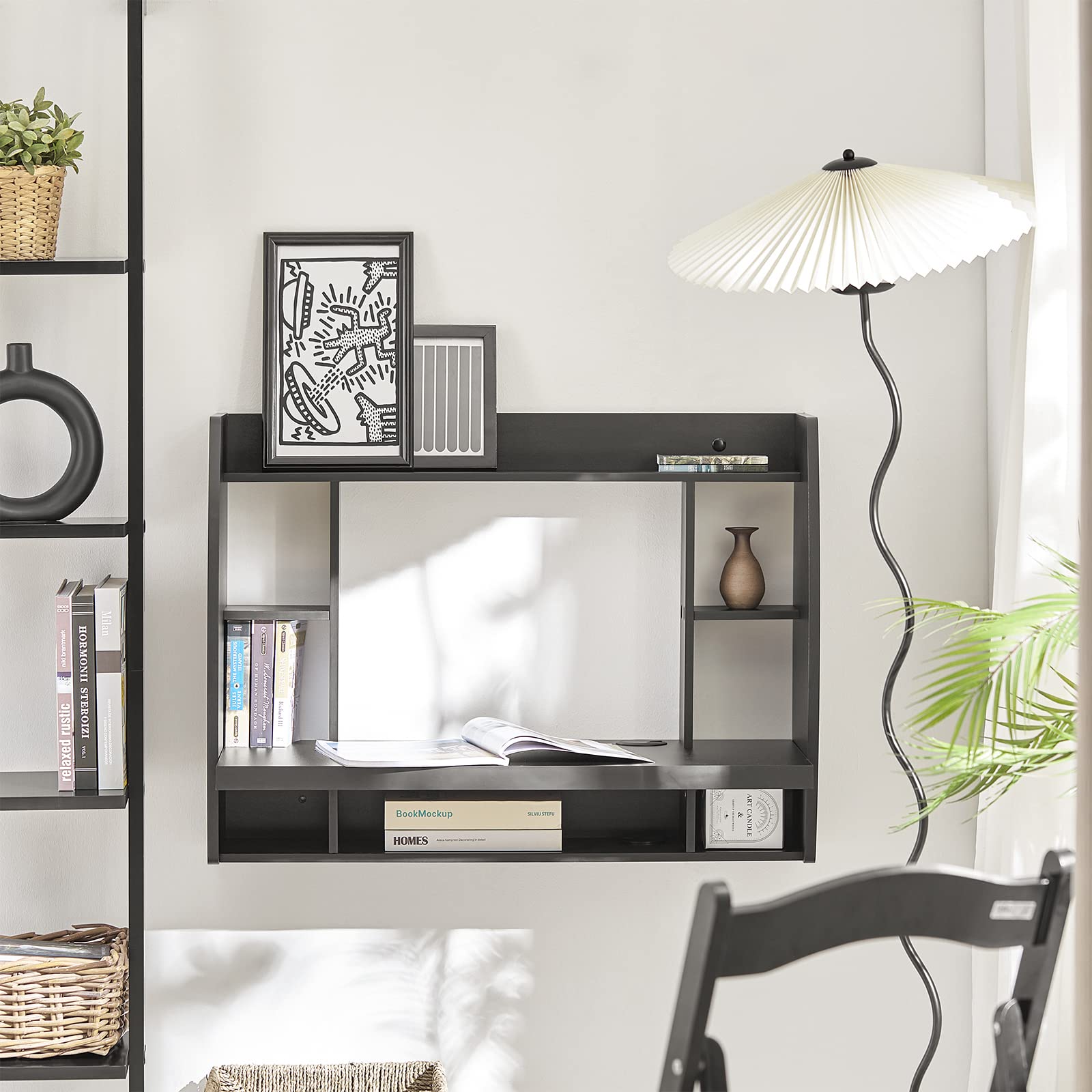 Haotian FWT18-SCH, Black Home Office Table Desk Workstation Computer Desk with Storage Shelves, Trestle Desk