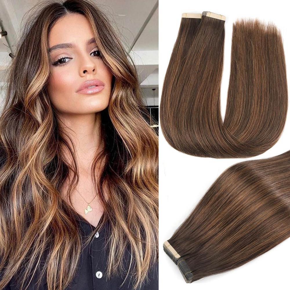 YDDM Extensiones Adhesivas Pelo Natural 20pcs 35cm 40g Castaño oscuro con castaño Extensiones Pelo Natural Adhesivas Extensiones De Cabello Natural Cabello Humano Natural(14Inch,2/2/6#)