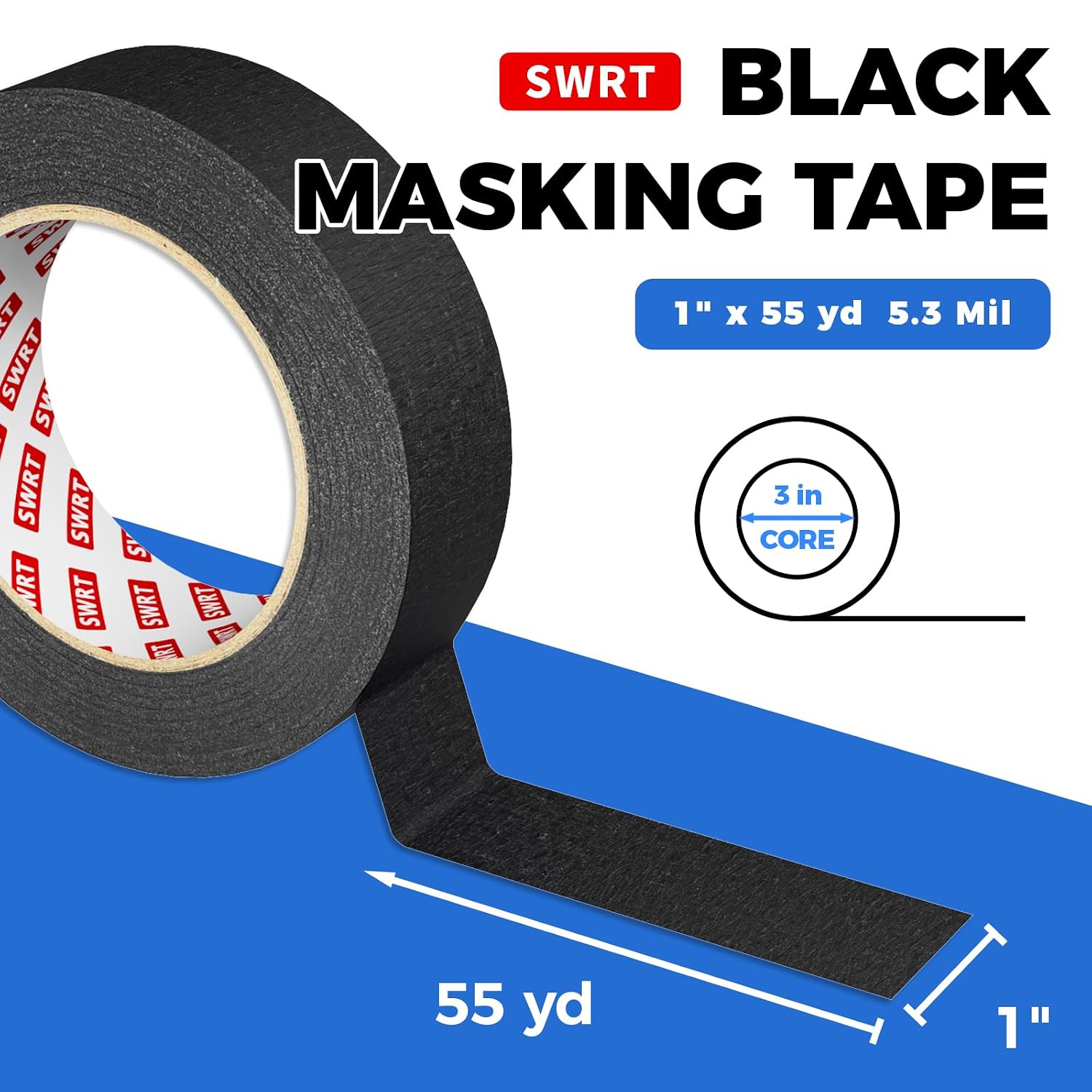 SWRT Black Masking Tape, Medium Adhesive Painters Tape 1 Inch Wide, Black Tape for Marking, Painting, Crafts & Workshop Use, Easy Tear, Clean Removal, 1 inch x 55 Yards x 10 Rolls (550 Total Yards)
