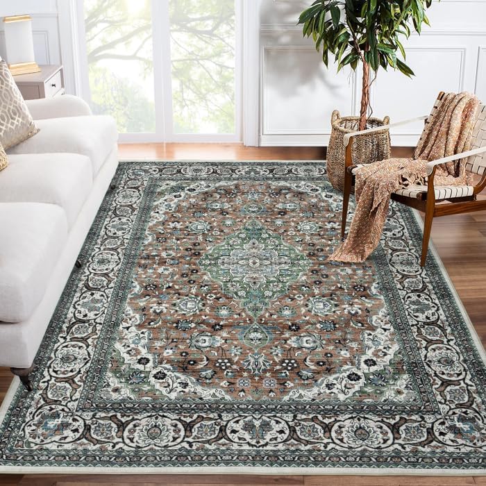 COZYLOOM Vintage Rug 5x7 Washable Rugs Non-Slip Throw Rug Low Pile Living Room Rug Distessed Floor Carpet for Entrance Laundry, Green