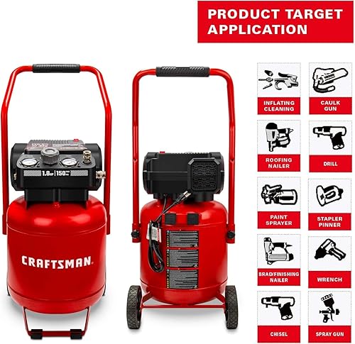 Miniatura 3 de CRAFTSMAN Compresor de aire de 10 galones, pico de 1.8 HP, presión máxima de 150 PSI, compresor de aire portátil sin aceite con rueda, compresor de