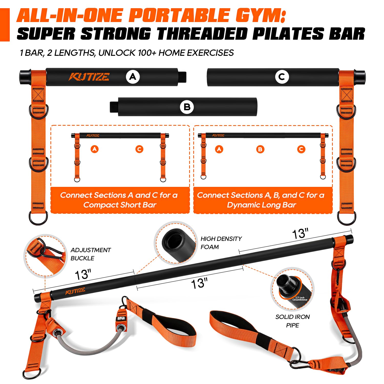 Pilates Equipment, Heavy Duty Pilates Bar Kit with Resistance Bands for Men, Strength Training Bar for Legs, Hip, Waist Back, Arm, Abs, Chest, Shoulders, Portable Home Gym Full Body Workout Equipment