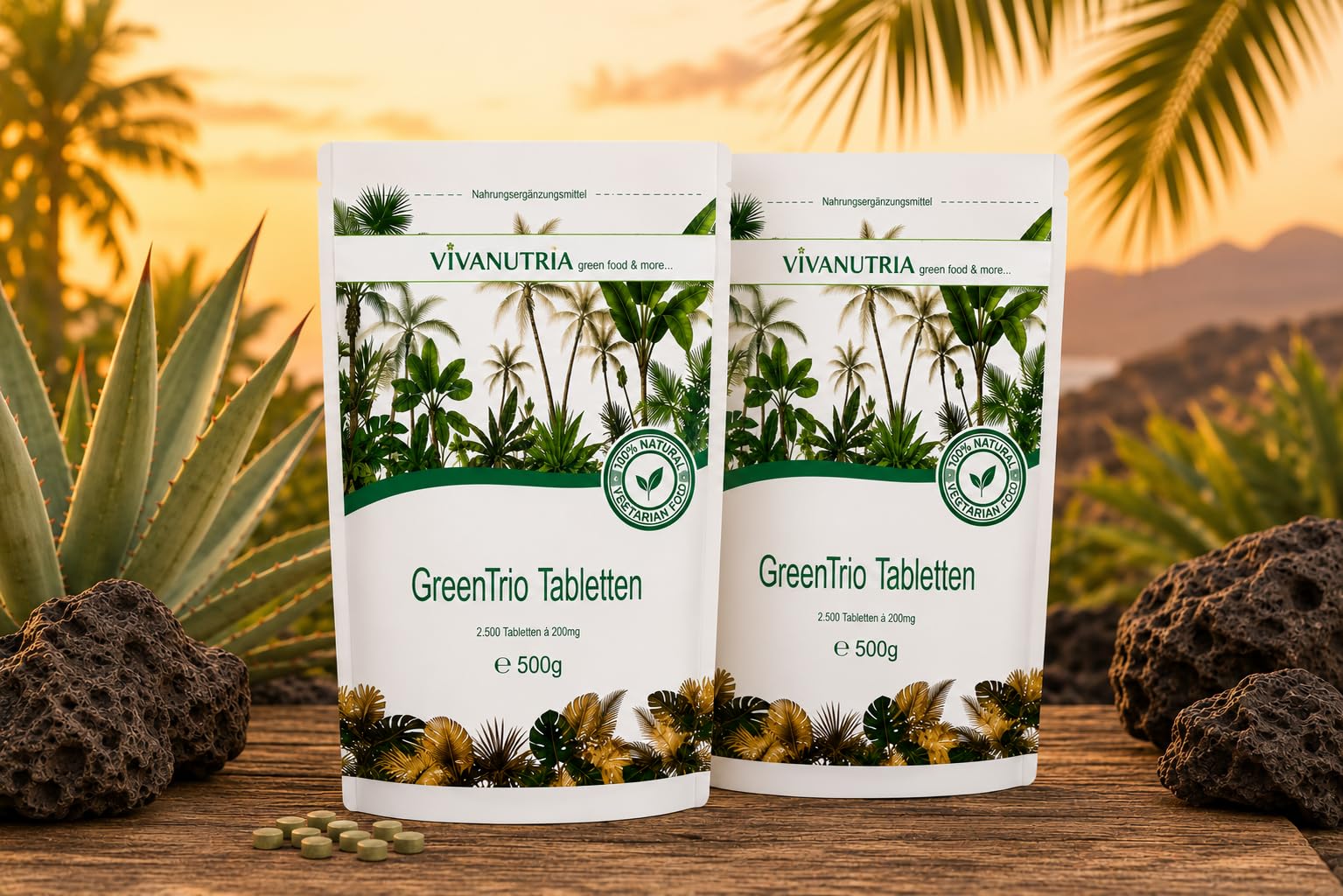 VivaNutria Green Trio Presslinge 1000g | aus kontrolliertem Anbau I 5000 Tabletten aus Spirulina Chlorella & Gerstengras ohne Zusätze I schonend verarbeitet und Rohkostqualität I vegan