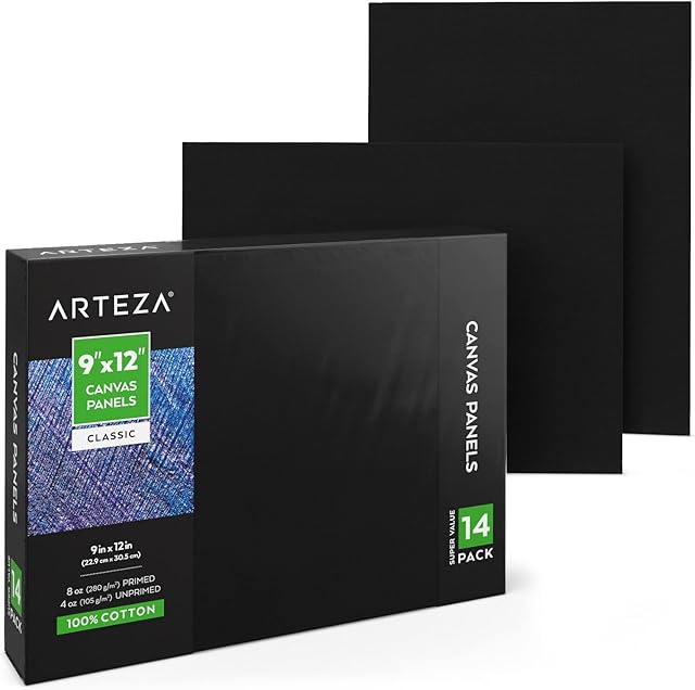 Arteza Black Canvas Board, Pack of 14, 22.9 x 30.5 cm, 8-oz Primed 100% Cotton Canvas Panels, Canvases for Acrylic Painting and Pouring