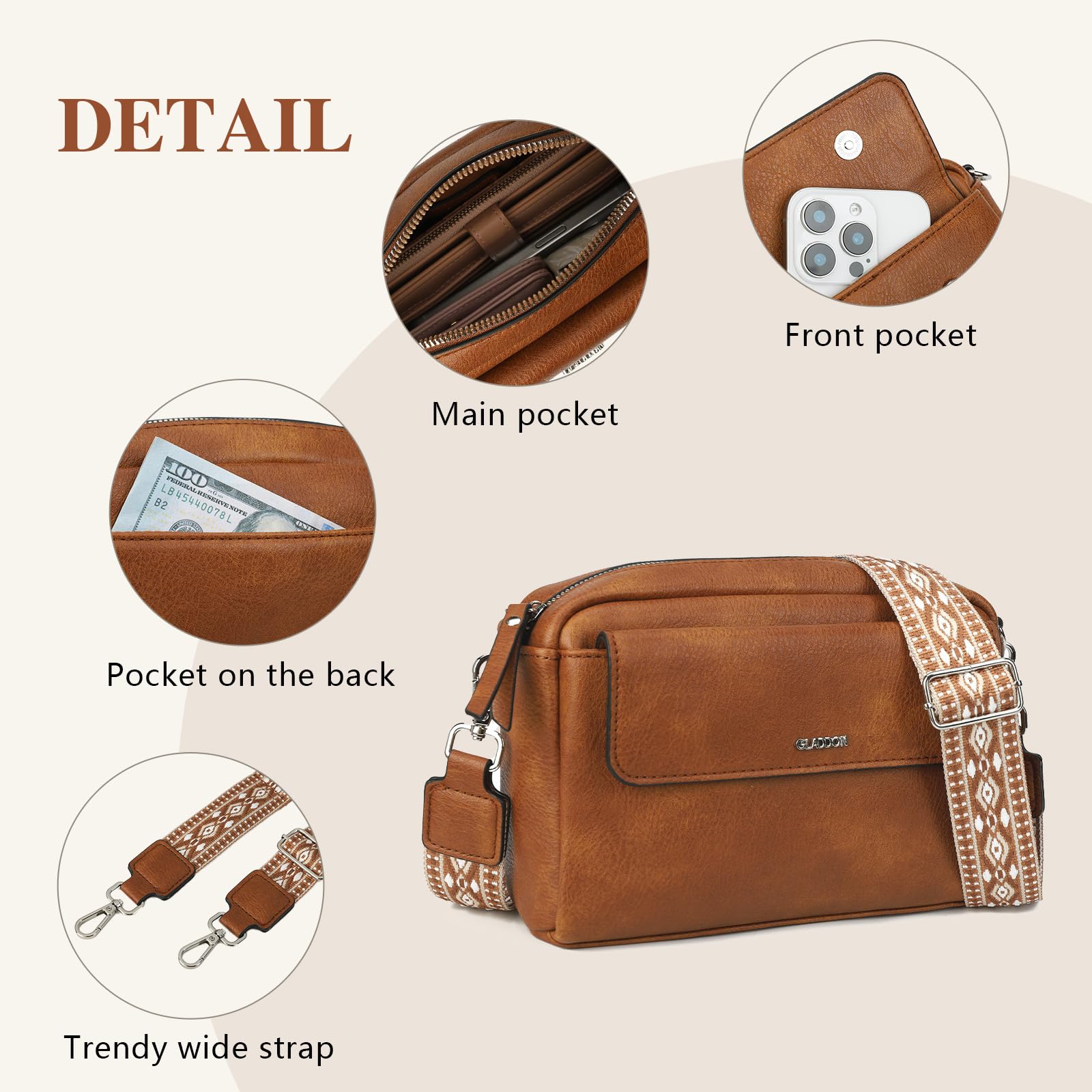 Gladdon borsa donna, borse piccola tracolla, borsa tracolla donna in pelle PU, con tracolla rimovibile, ampio nastro jacquard per uso quotidiano, regalo per le donne