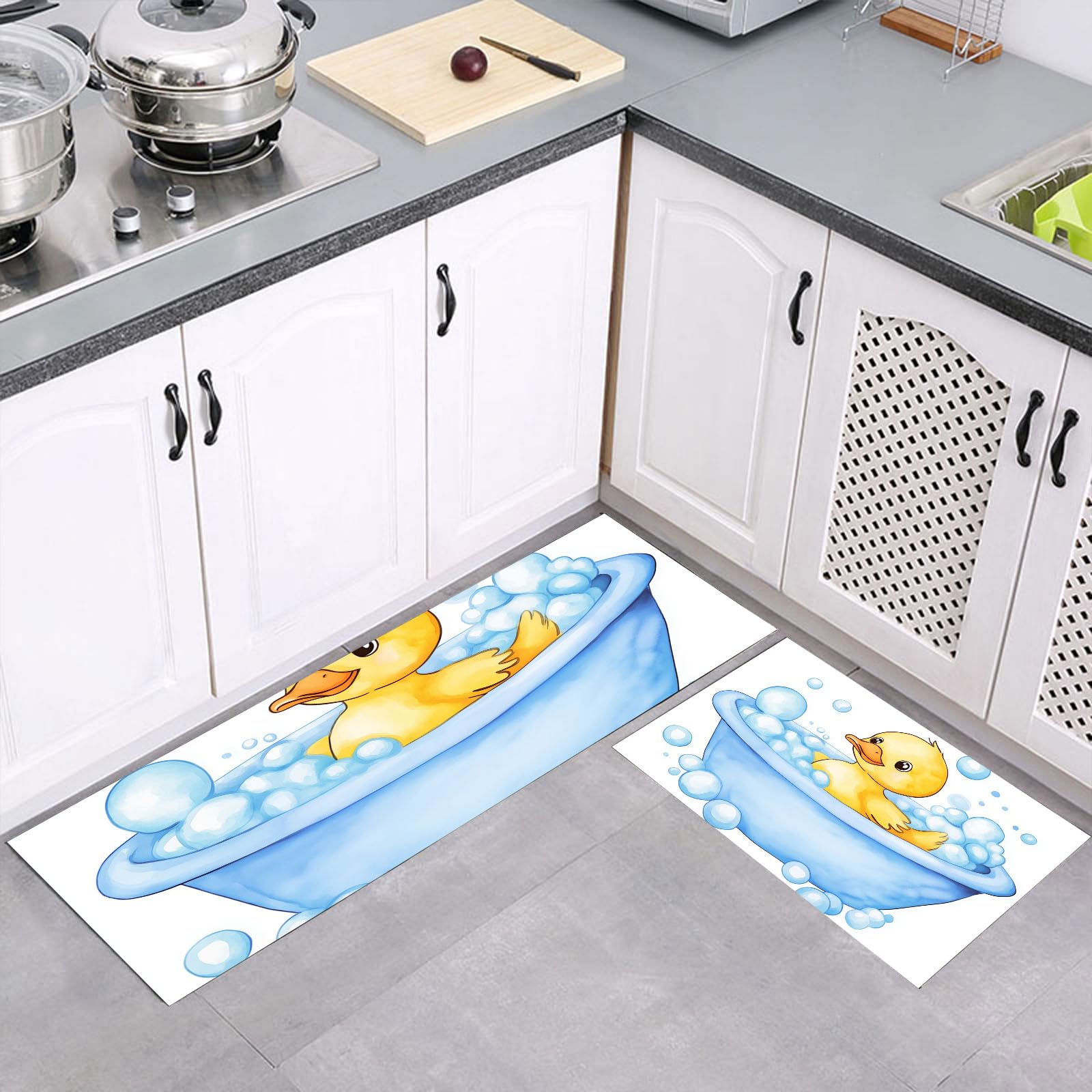 Alfombrilla de cocina antifatiga azul para evitar dolores de pies en el hogar