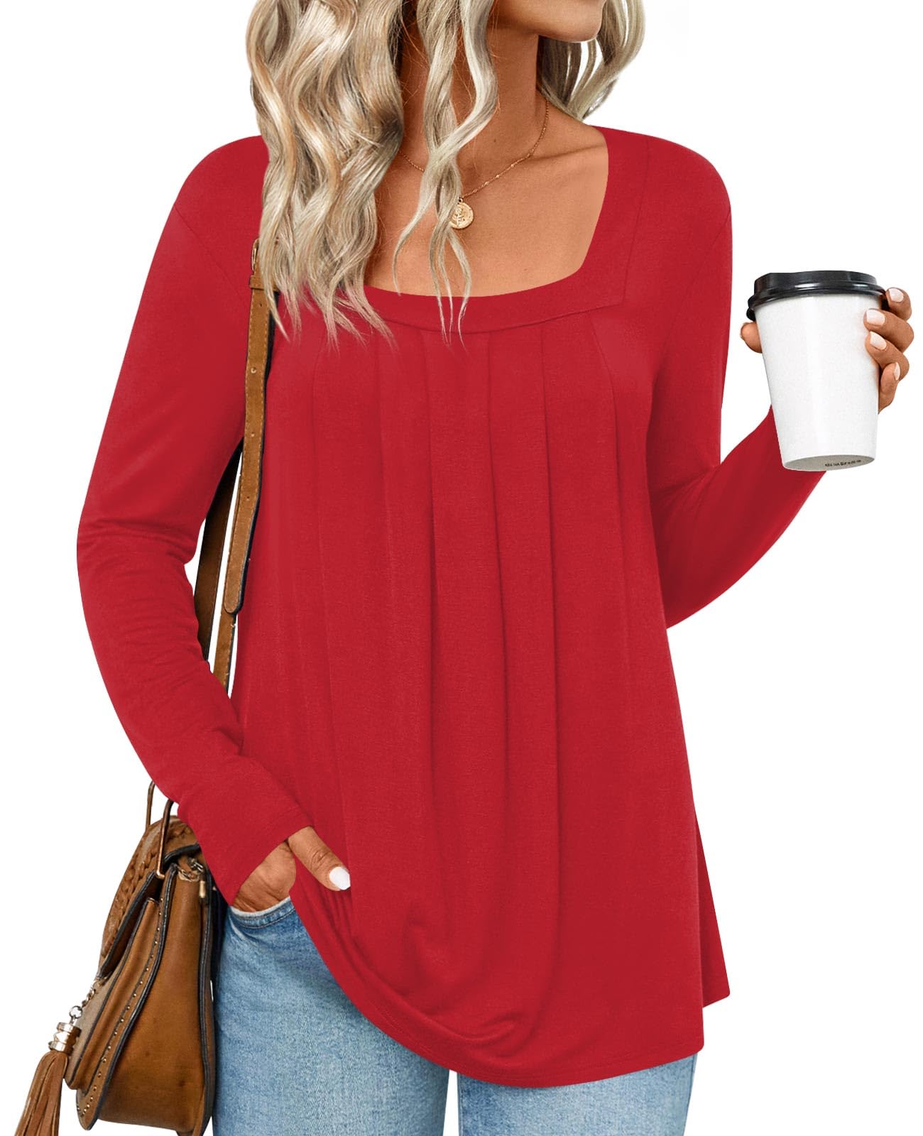 LONGYUAN Women's Long Sleeve Shirts Casual Tunic Tops 2024 Winter Fashion Square Neck Basic Loose Blouses