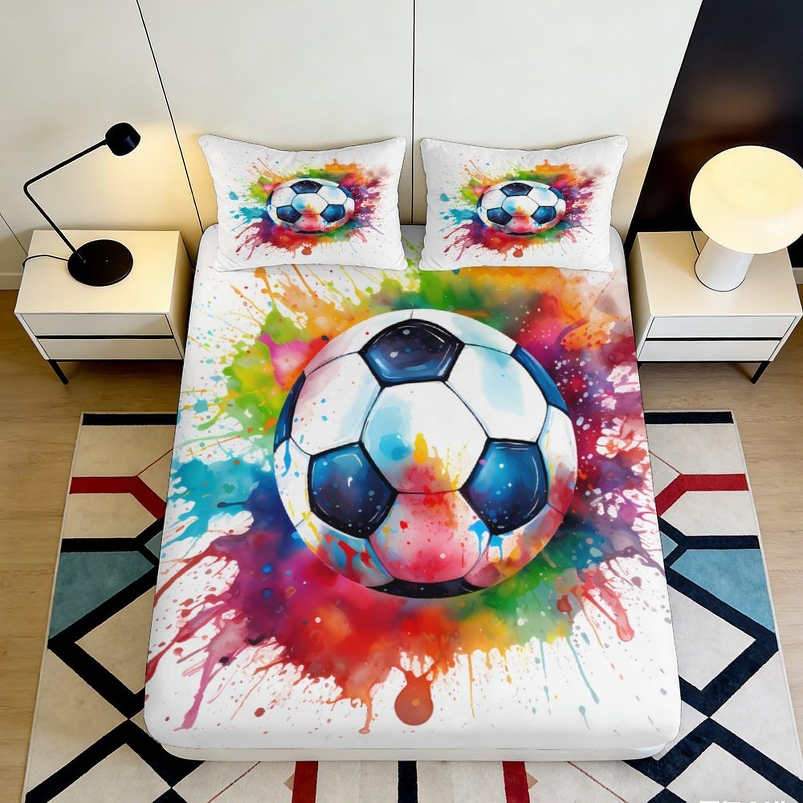 3D Printed Color Splash Soccer Fitted Sheet Microfiber Vibrant Football Bed Cover Non Slip Easy Care for Bedroom 120x200x25cm