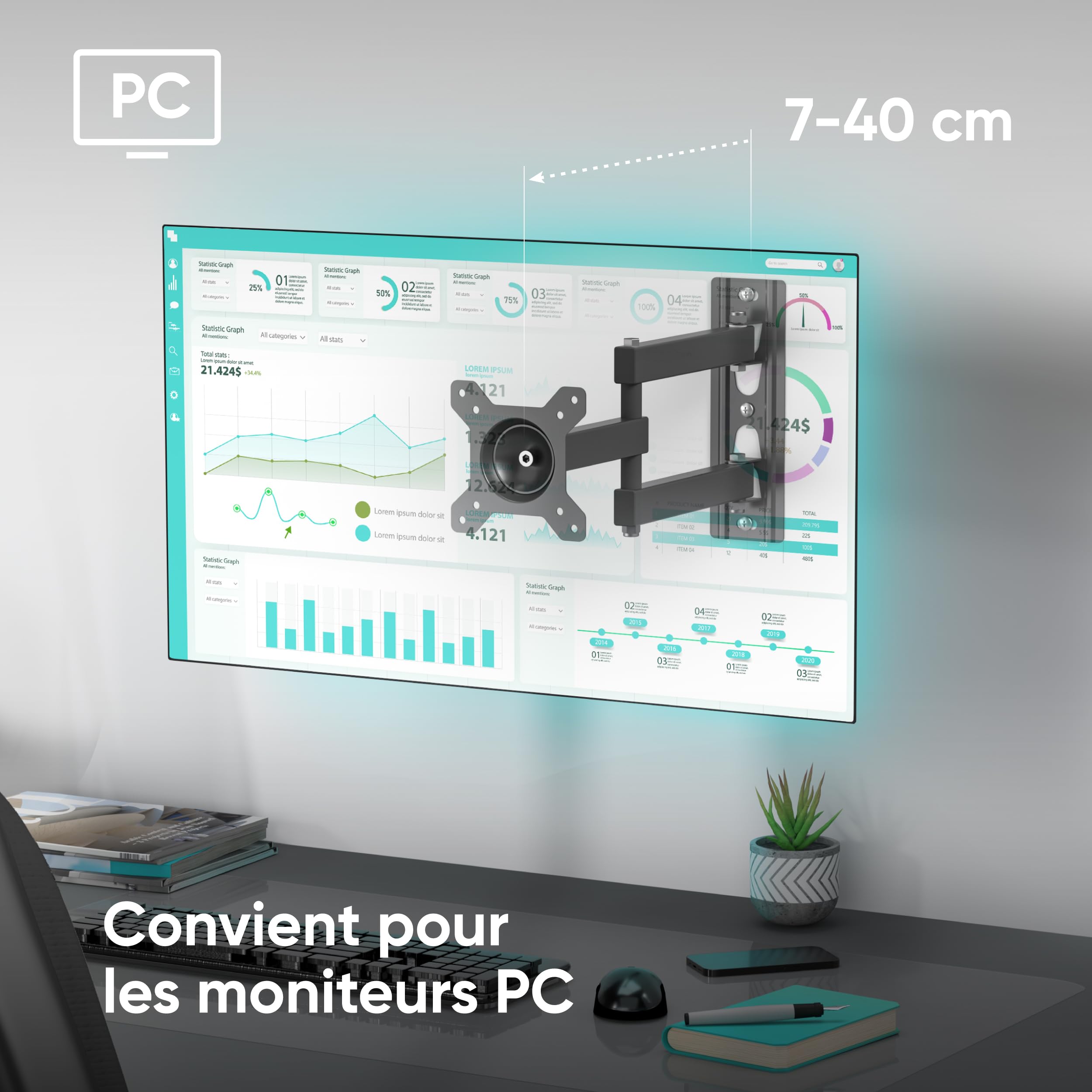 ONKRON Support Mural TV Rotatif 360° Pour Écrans 10-35 Pouces - Fixation TV Orientable VESA 75x75 100x100 Jusqu'à 20 Kg - R1-B Noir