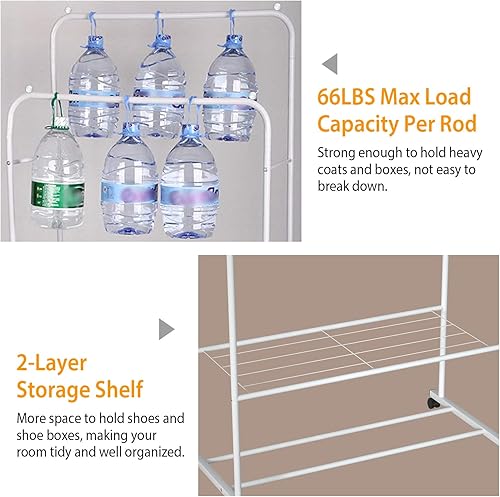 Miniatura 5 de Moclever Clothing Rack with Wheels Double Rod Garment Rack Rolling Rack for Indoor Bedroom Clothes Rack Hanging Clothes Storage Display White