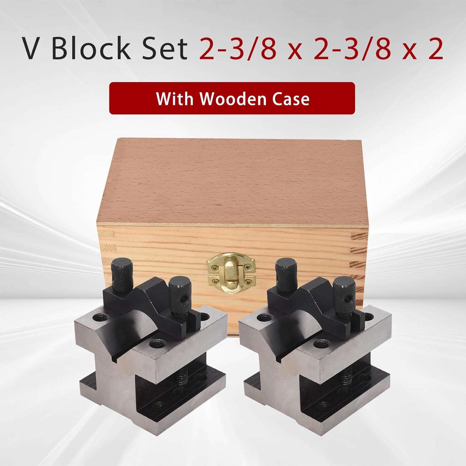 findmall V Block with Clamp Set Hardened Steel 90 Degree Angle Accuracy V Block Set 2-3/8 x 2-3/8 x 2 Multi-use Gauge Gage Machinist Tool with Wooden Case