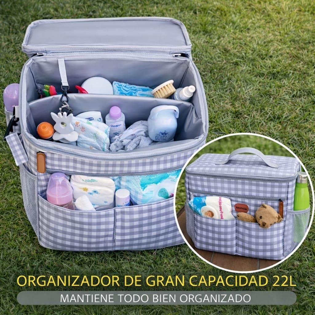 Bolsa Carrito Bebé Grande 22L, Gran Capacidad,Impermeable,Bolso Carro Bebe con Cambiador, Interior Térmico,Ganchos Universales y Accesorios,Organizador con múltiples Bolsillos.