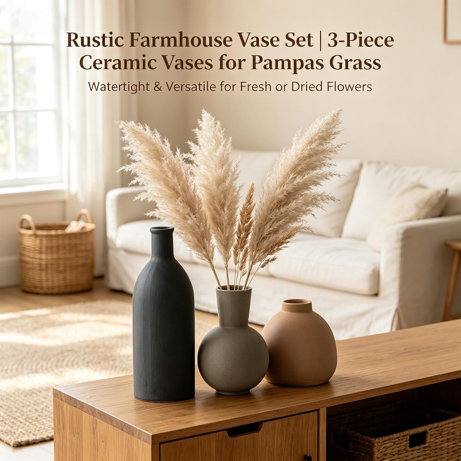 Ceramic Vase Set of 3 Rustic Vases Farmhouse Decor Pottery Vases for Bouquet Pampas Grass Dried Fresh Flowers Living Room, Kitchen, Bedroom Decor
