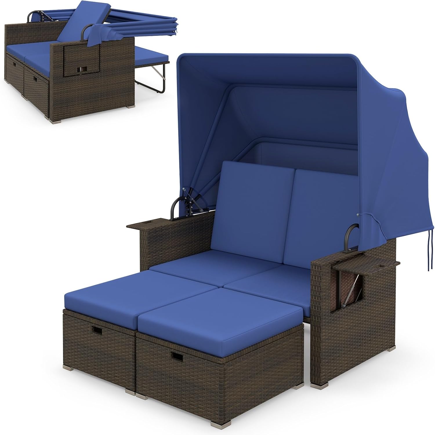 RELAX4LIFE Wicker Outdoor Daybed with Canopy - Rattan Loveseat Sofa Set w/Storage Ottomans, Adjustable Back, Retractable Trays, Sunbed Double Chaise Lounge for Backyard, 2-Seater Patio Daybed (Navy)