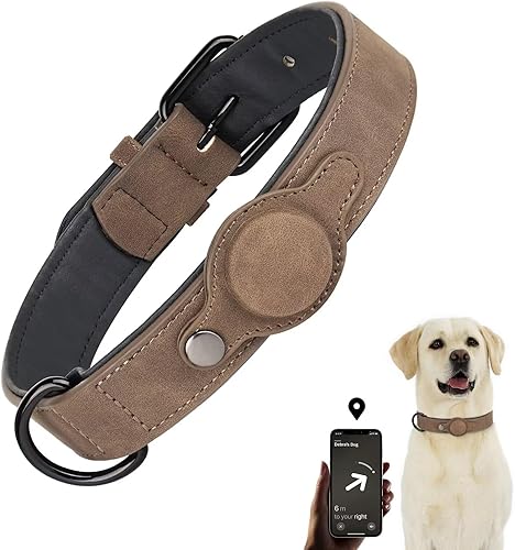 Didog Collar de perro de cuero acolchado suave y transpirable con soporte para Airtag, collar de perro resistente con hebilla de metal para perros