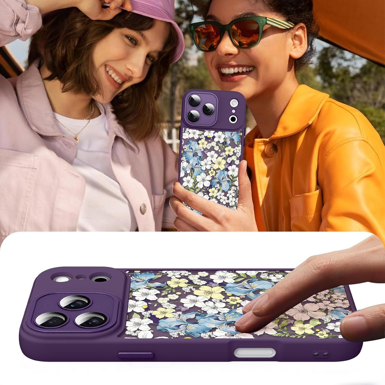 Magnetic for iPhone 17 Pro Case with Screen Protector [Compatible with MagSafe] Pretty Floral Flower Pattern Design, Shockproof Slim Cover for Women Girls, Dark Purple