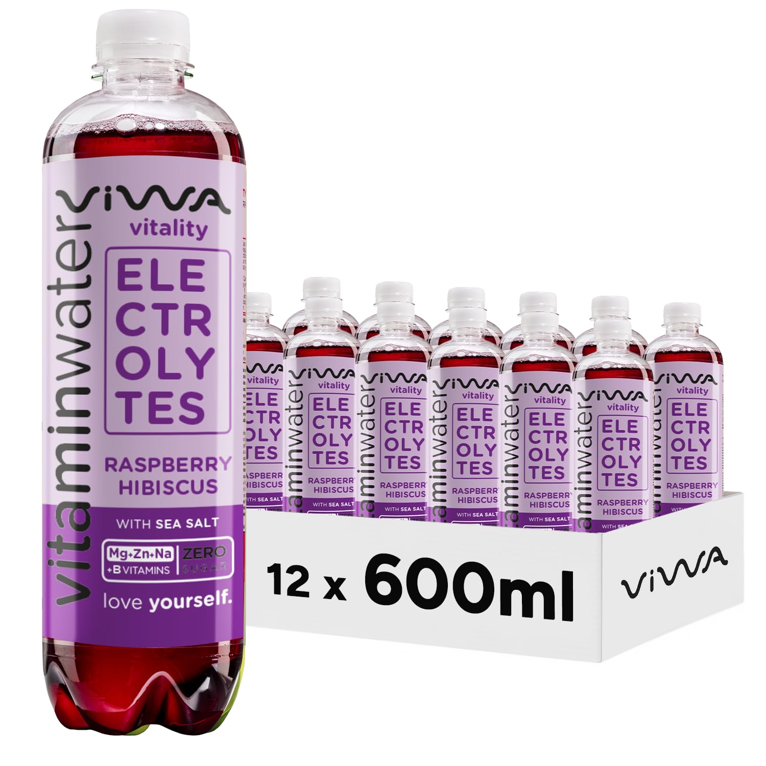 VIWA VITAMIN WATER Bebida Refrescante con Magnesio, Zinc, Sodio y Vitamina B. Sabor Frambuesa e Hibisco, 600ml, Pack de 12, Vitality