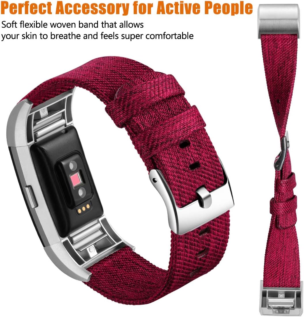 Maledan Bands Compatible with Charge 2 and Charge 2 SE Fitness Activity Tracker for Women Men, Durable Woven Fabric Watch Band Replacement Accessories Strap Wristband, Small, Wine Red