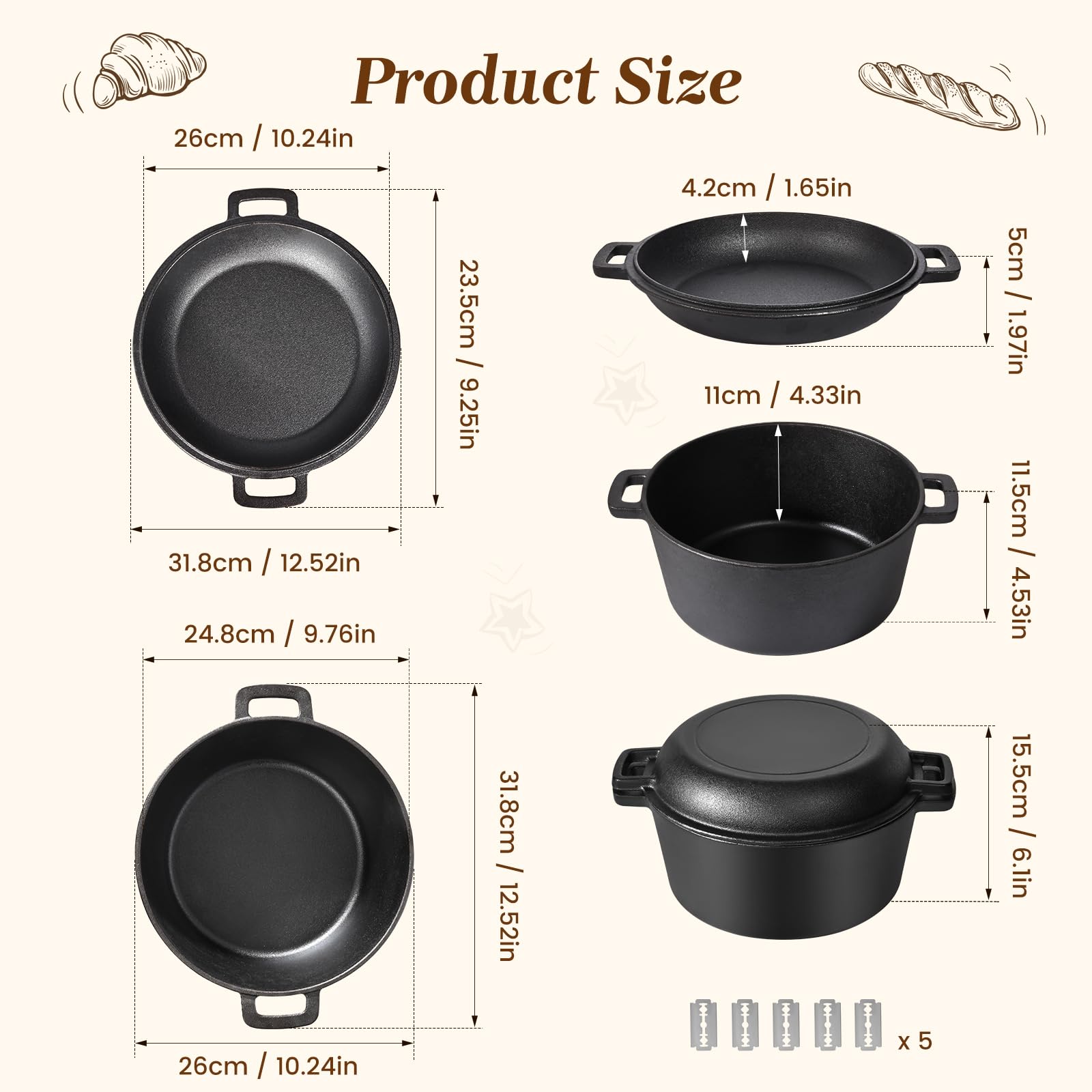 Gusseisentopf mit Gärkorb 26cm, 4.7L Brotbackset für Anfänger mit Sauerteigbackform & Zubehör, Gusseisen Topf Brot Backen mit Deckel, Dutch Oven für Brot, Schwartz