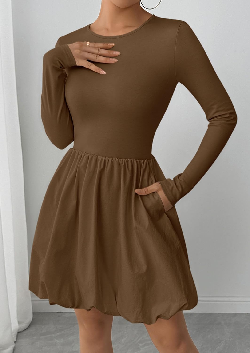 PRETTYGARDEN Fall Dresses for Women 2026 Casual Long Sleeve Bubble Cute Crew Neck A Line Mini Short Dress with Pockets - Image 5