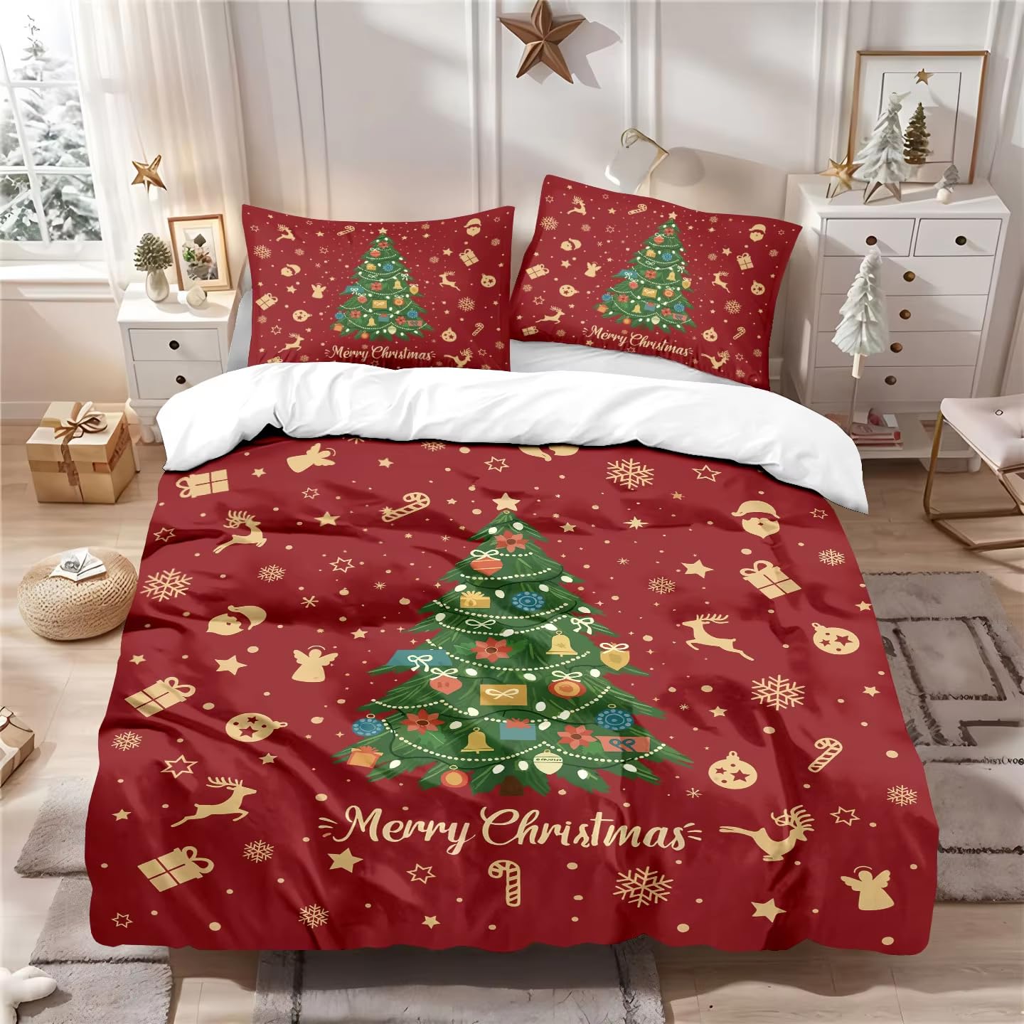 Housse de couette Noël rouge pour dortoir et chambre d'amis avec ses deux taies assorties