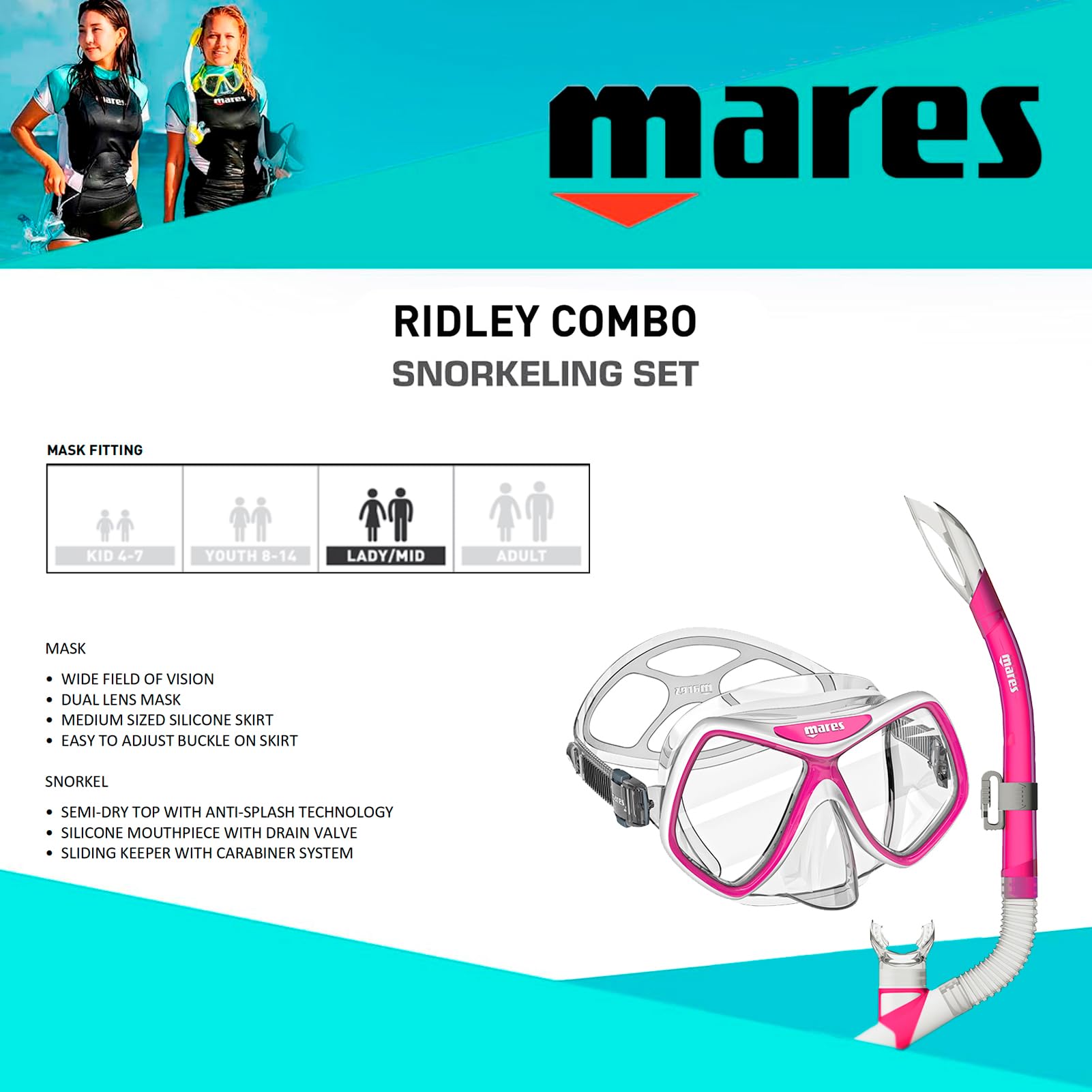 Mares Women's/Youth Ridley Combo Snorkel Kit - Dual Lens Mask & Anti-Splash Snorkel Set for Snorkeling - Pink/White/Clear