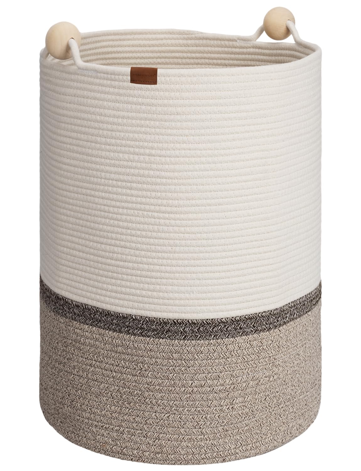 StorageWorks 72L Woven Laundry Basket with Wooden Beads Handles, Tall Storage Basket for Blanket, Dirty Clothes, Clothes Hamper, White & Light Brown