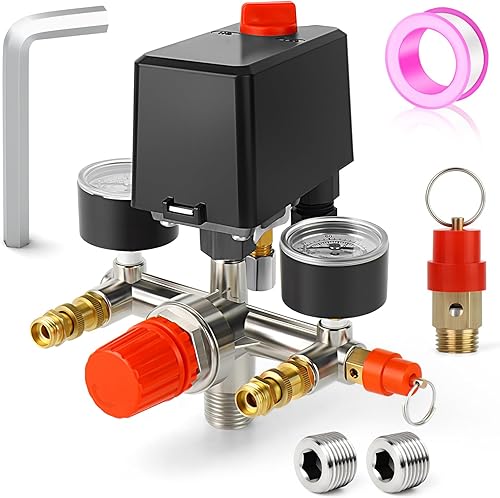 MEANLIN MEASURE Válvula de control del interruptor de presión del compresor de aire 120-150 PSI 110V-240V Piezas de repuesto de 1 vía con manómetro