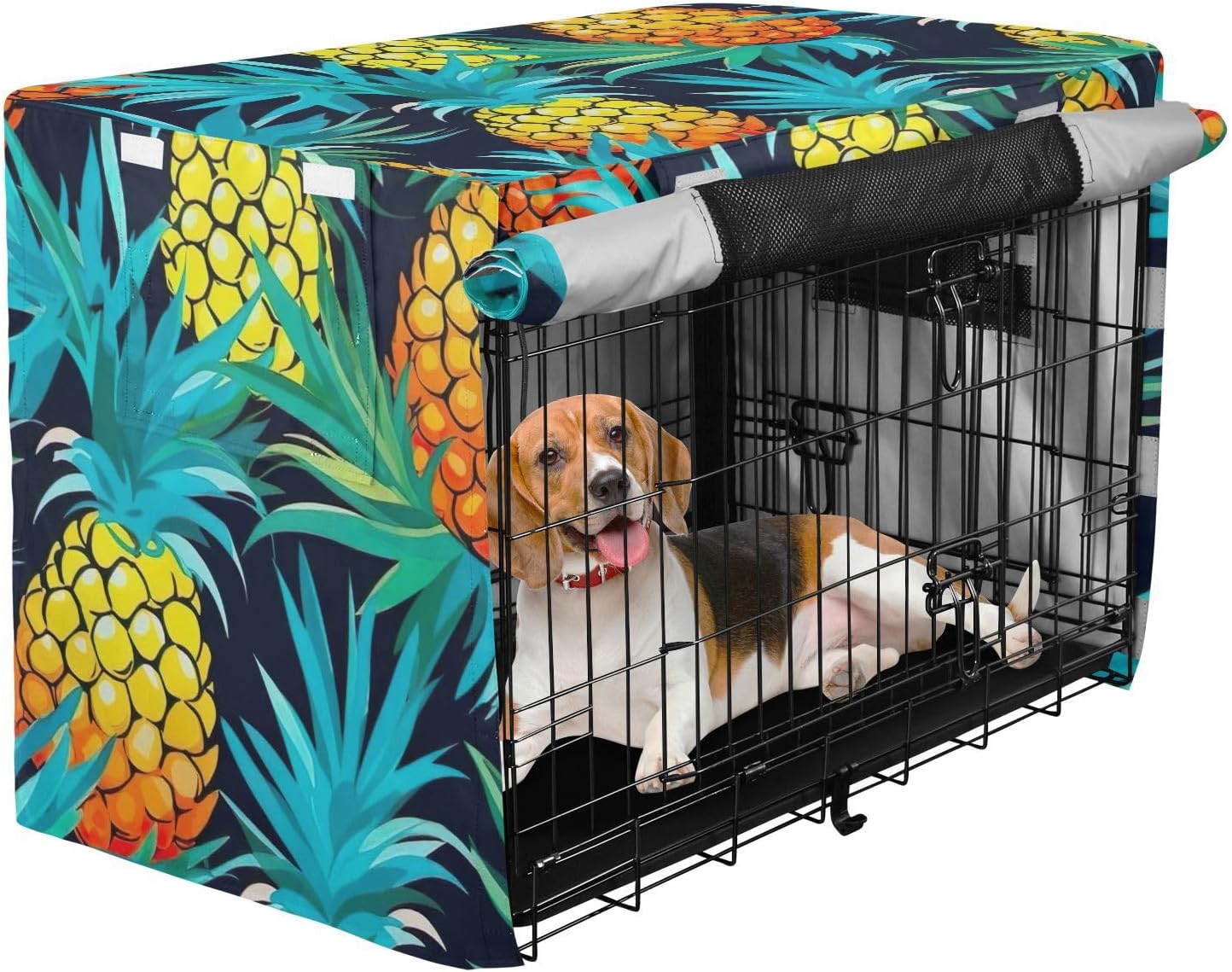 Pineapples Teal Dog Crate Cover S-XL Water-Resistant Pet Cage Cover with Openings, Reduces Barking, Large