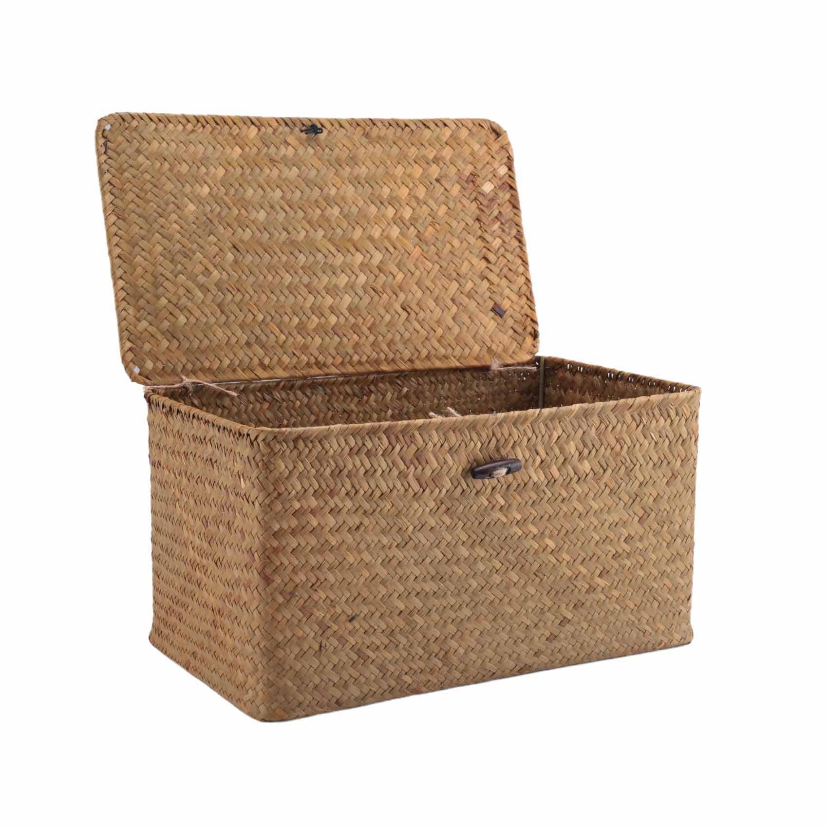 MOLERRI Handmade Straw Woven Storage Basket with Lid Makeup Organizer Storage Box Seagrass Laundry Baskets Rattan Jewelry Box