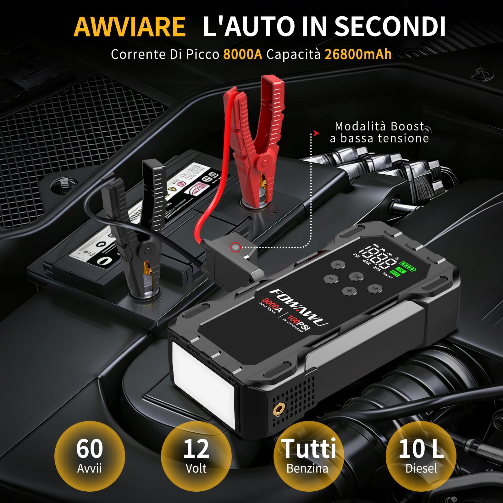 FOWAWU Avviatore Batteria Auto con Compressore 10 in 1, Avviatore Batteria Auto 8000A 26800mAh (tutti i motori a benzina e 10L Diesel) con Modalità Boost a Bassa Tensione, Compressore Aria Auto 160PSI