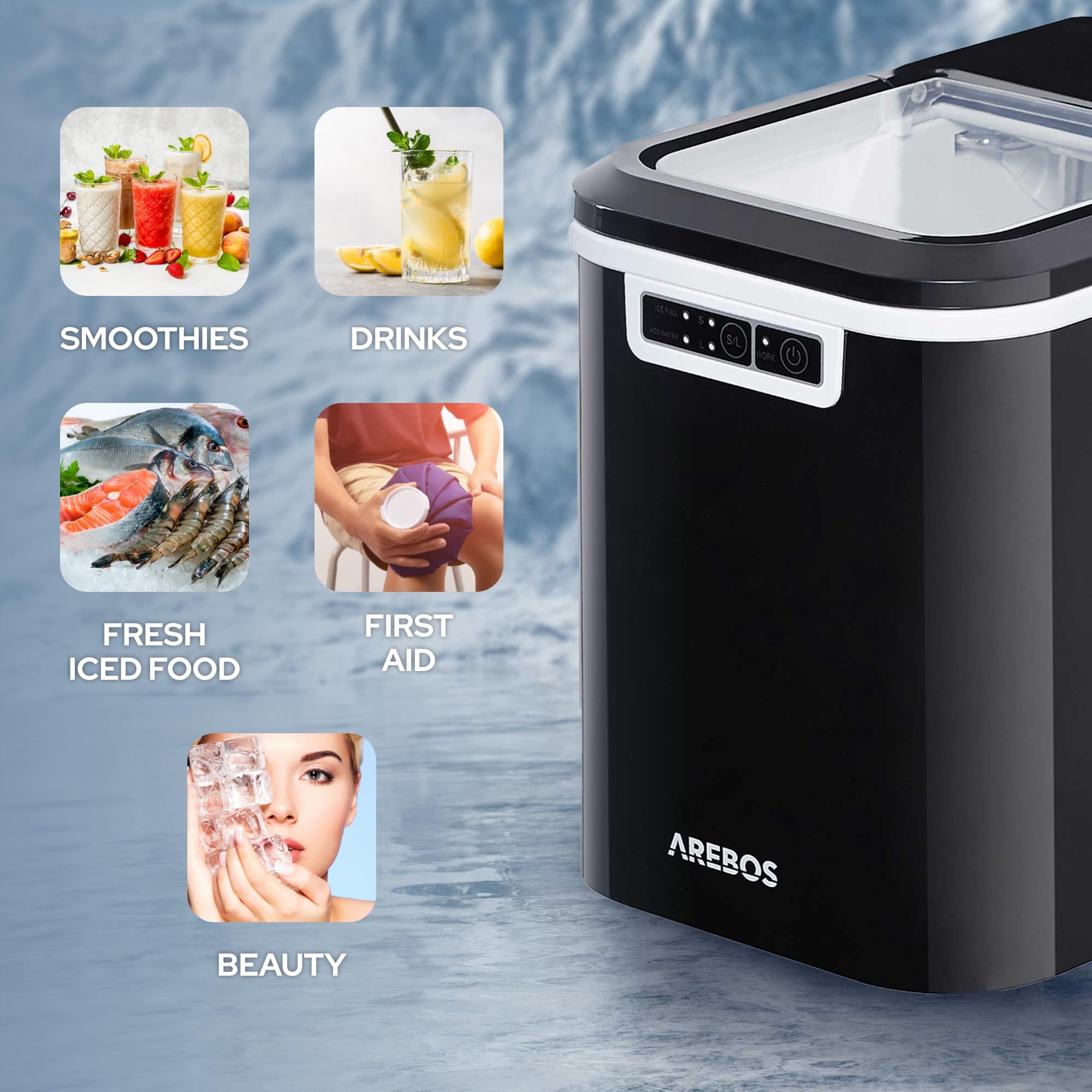 Arebos Macchina per cubetti di ghiaccio | 12 kg/24 h | 10-15 min. tempo di produzione | 2 dimensioni di cubetti di ghiaccio | 2.2 L serbatoio d'acqua | Macchina per cubetti di ghiaccio Nero