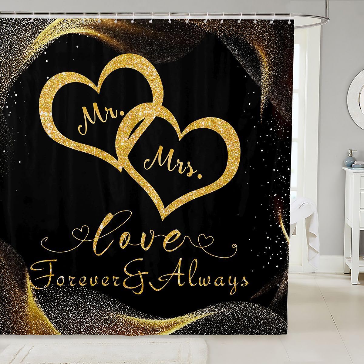 Couples Bath Curtain, Mr And Mrs Shower Curtain Gold Glitter Sequins Shower Stall Curtain Love Heart Bathroom Shower Curtains For Valentine'S Day Gifts, Birthday Gift, Black Gold 72" W X 78" L