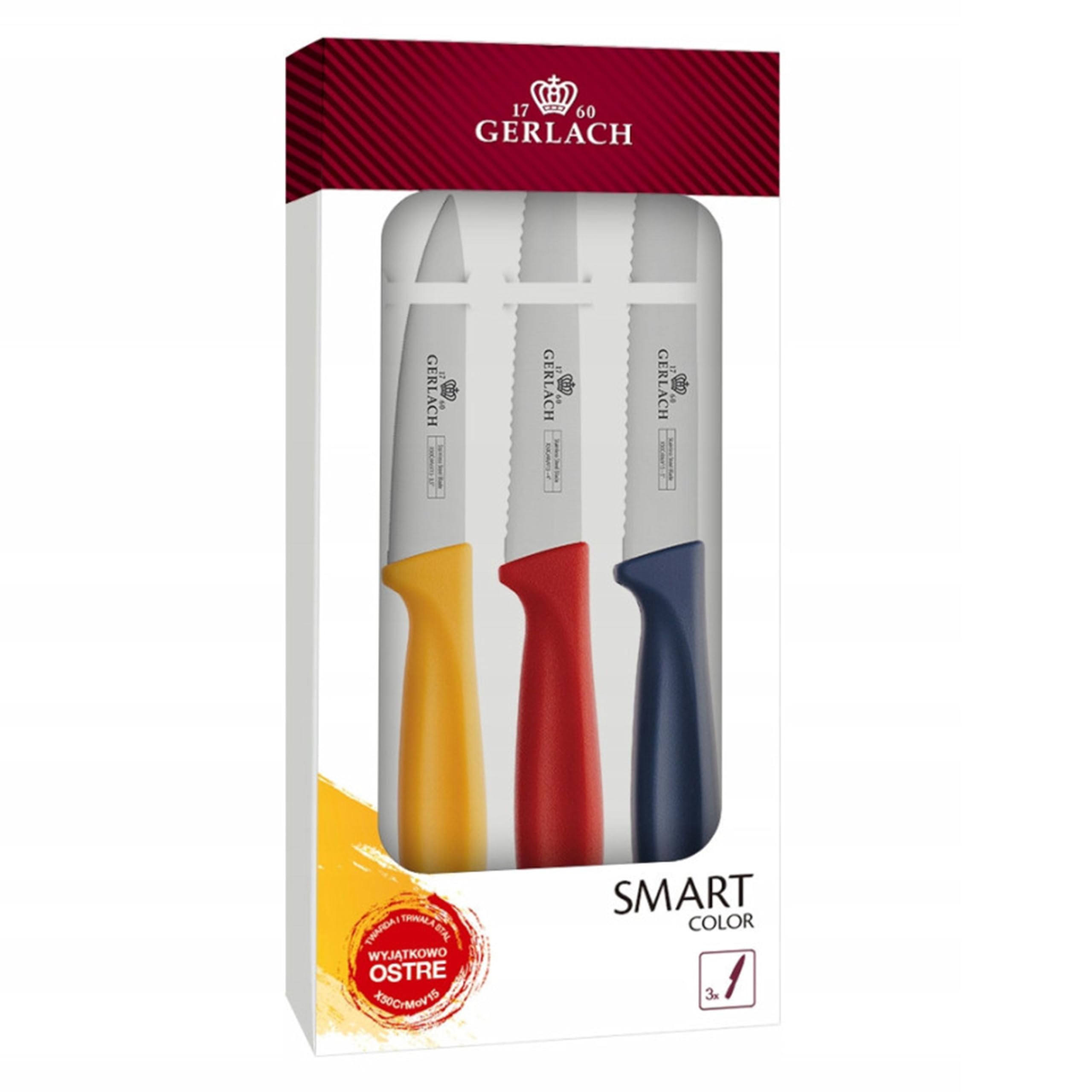 Gerlach Smart Color Zestaw Noży Kuchennych Komplet 3 Noży ze Stali Nierdzewnej Do Jarzyn Steków