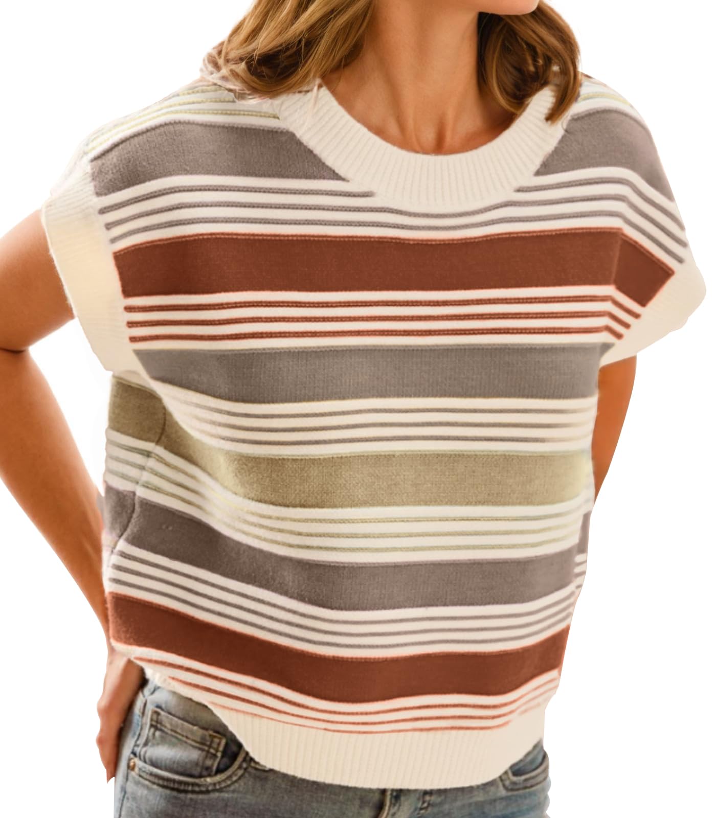 FireSwan Womens Cap Sleeve Sweater Vest Striped Color Block Loose Tank Tops Trendy Vacation Outfits Cute Summer Fall
