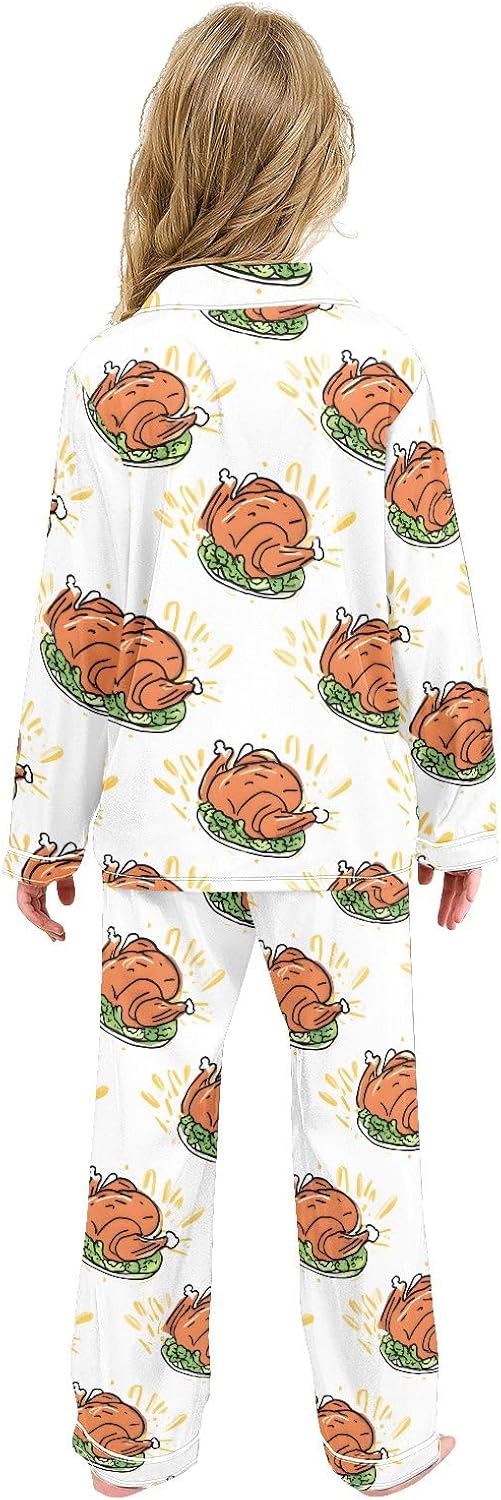 Kids Casual Satin Wear Set Cartoon Roasted Chicken Pattern Unisex Relaxed Fit Clothing