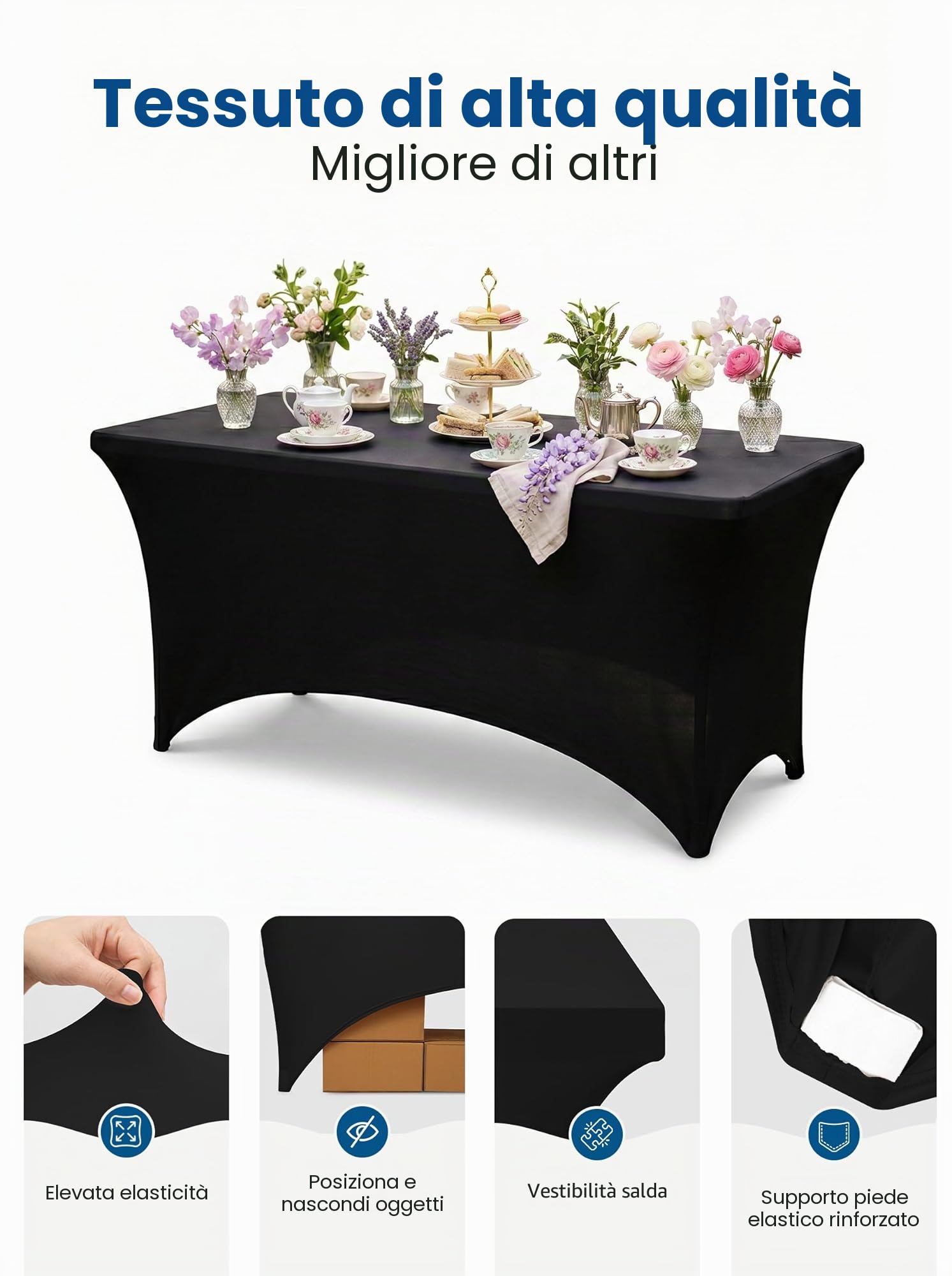 Utopia Kitchen Tovaglia Estensibile [6 Piedi, 183 cm] Copritavolo in Poliestere e Spandex - Lavabile in Lavatrice e Resistente alle Pieghe per Eventi e Feste (Confezione da 2, Nero)
