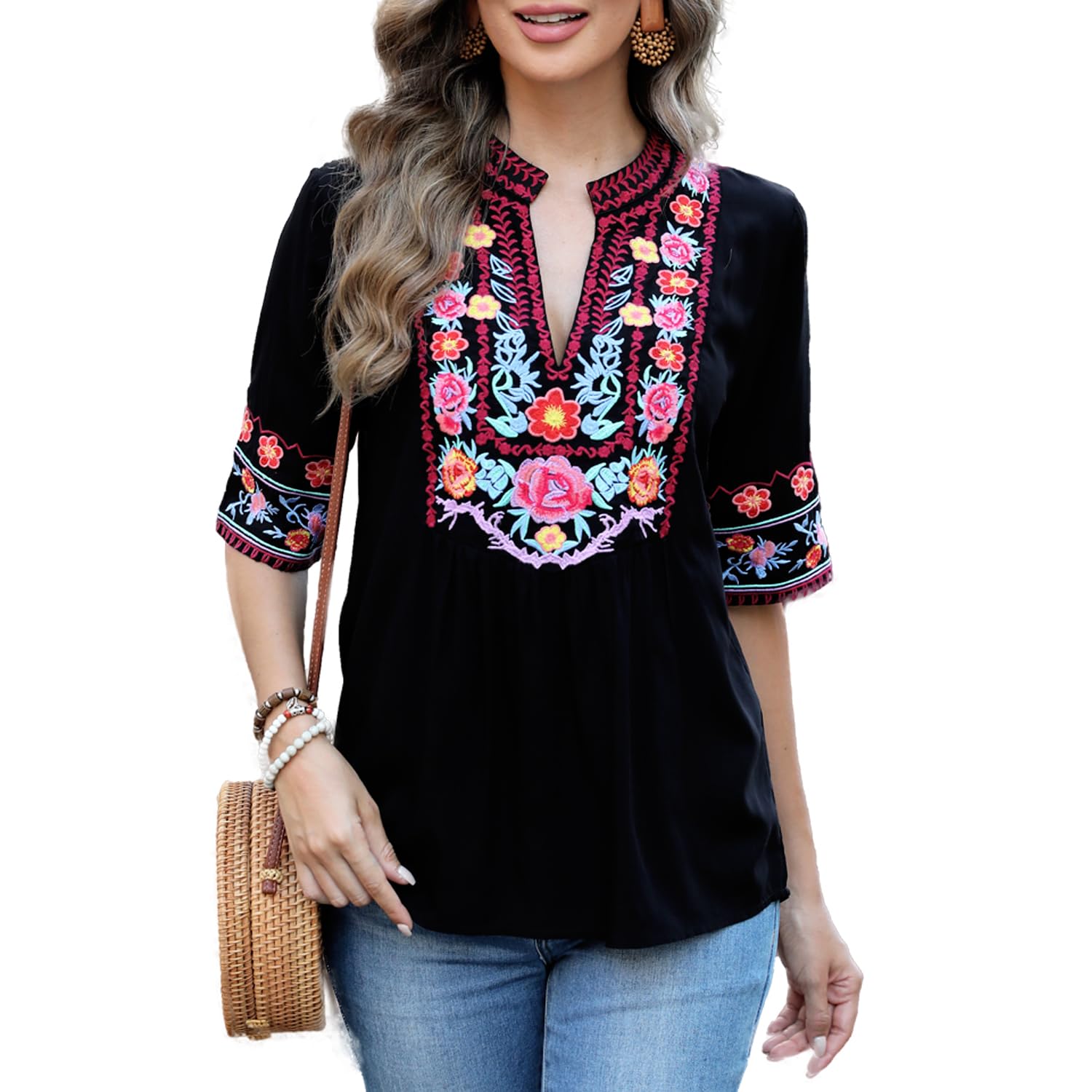 Seasonal Ukraine Bluse Sommer Damen Tunika Bohemian Stickerei Folklore Tops Boho Hippie Kurzarm Lose Oberteil