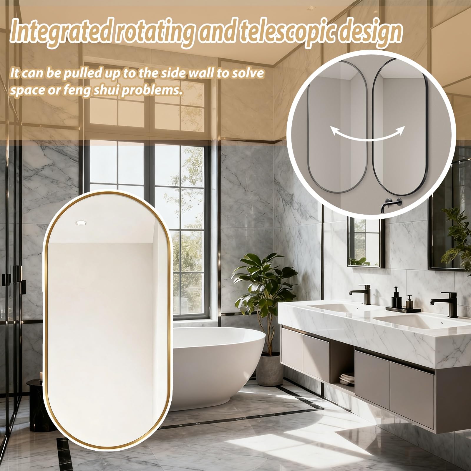 HD owalne lustro ścienne obrotowe lustro łazienkowe szkło hartowane przeciwmgielne srebrne wykończenie 40 x 70 cm (15 x 27 cali) - idealne do eleganckiej dekoracji domu i rozwiązań oszczędzających