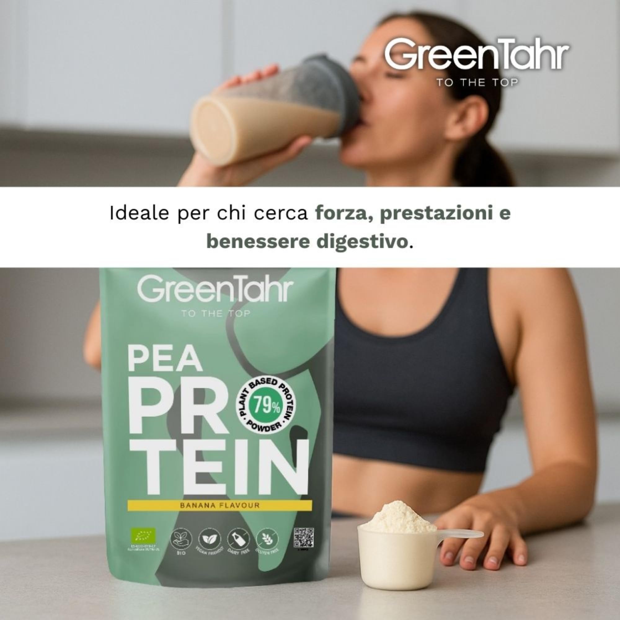 Green Tahr Proteine di Pisello in Polvere Vegane Bio Gusto Banana 750g. 79% Proteine Vegetali per Massa Muscolare Senza Zucchero, Edulcoranti, Lattosio né Glutine